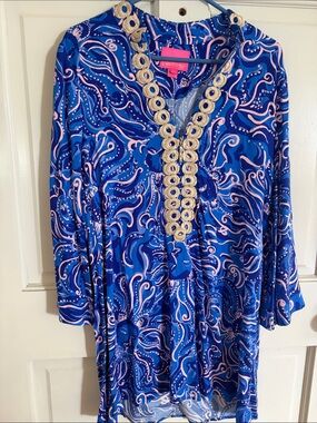 Lilly Pulitzer Blue and Pink Printed Dress with Gold Trim